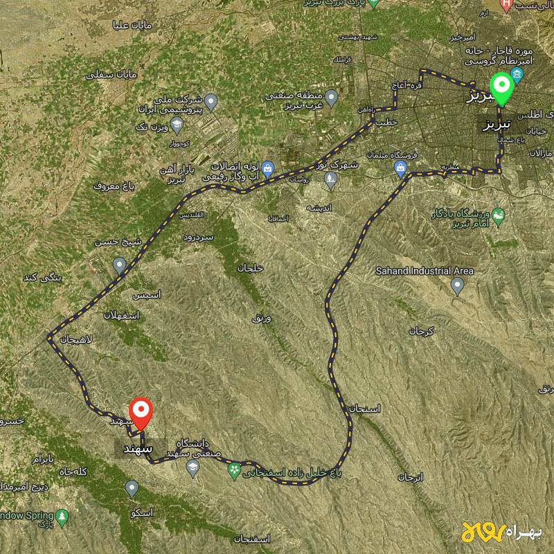 مسافت و فاصله سهند - آذربایجان شرقی تا تبریز از ۲ مسیر - مهر ۱۴۰۳