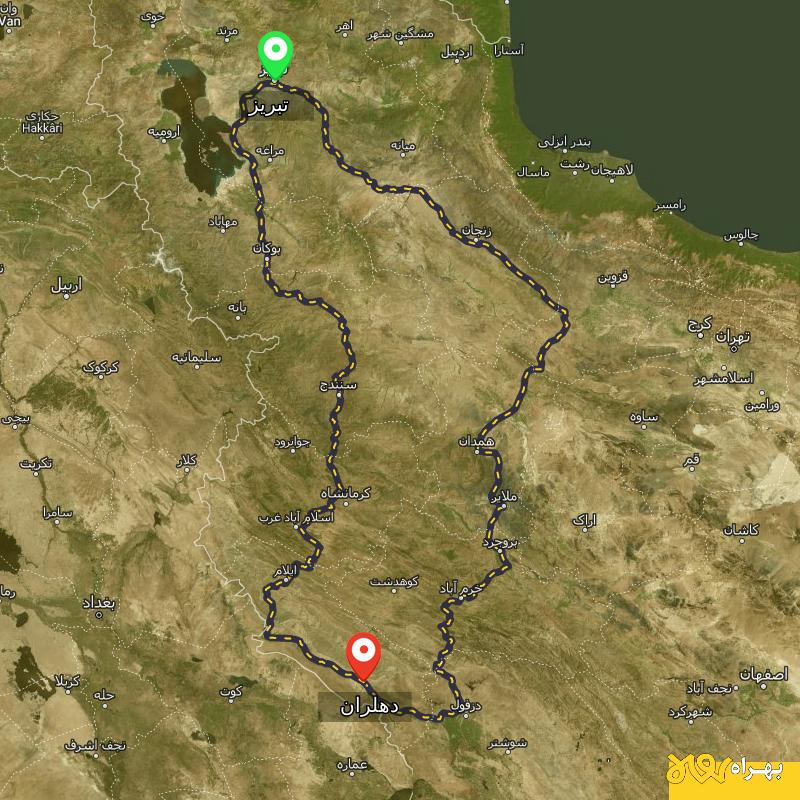 مسافت و فاصله دهلران - ایلام تا تبریز از ۲ مسیر - آذر ۱۴۰۳