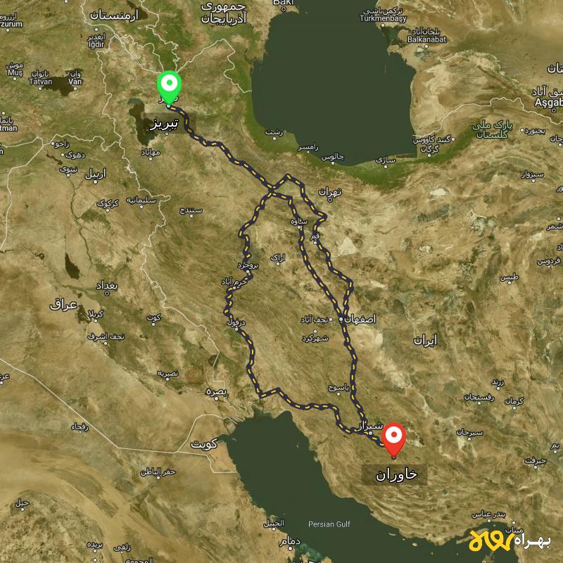 مسافت و فاصله خاوران - فارس تا تبریز از ۳ مسیر - اردیبهشت ۱۴۰۳