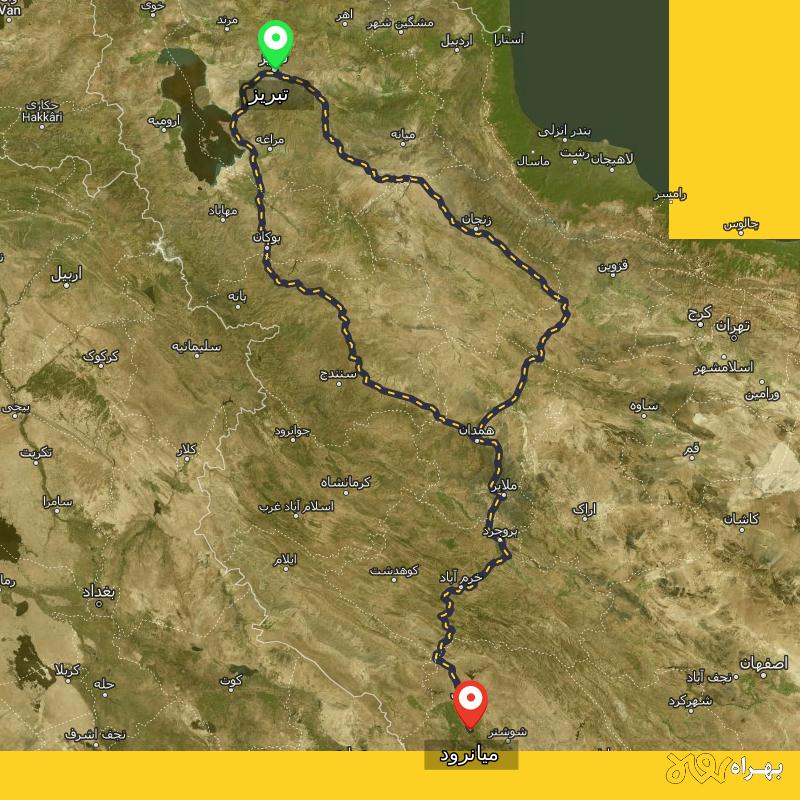 مسافت و فاصله میانرود - خوزستان تا تبریز از ۲ مسیر - مهر ۱۴۰۳