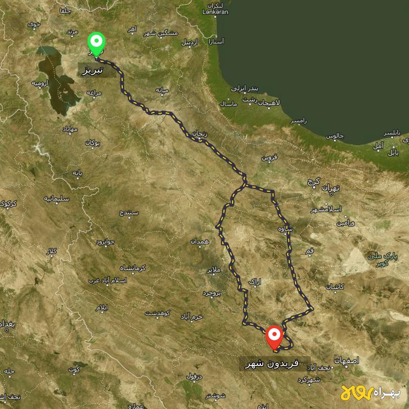مسافت و فاصله فریدون شهر - اصفهان تا تبریز از ۲ مسیر - آذر ۱۴۰۳