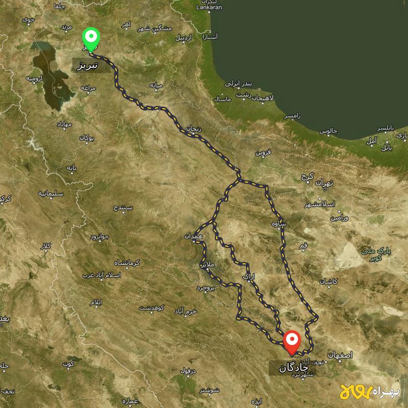 مسافت و فاصله چادگان - اصفهان تا تبریز از ۳ مسیر - بهمن ۱۴۰۳