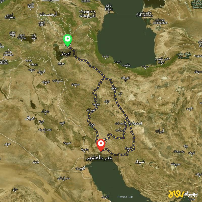 مسافت و فاصله بندر ماهشهر - خوزستان تا تبریز از ۳ مسیر - اردیبهشت ۱۴۰۳