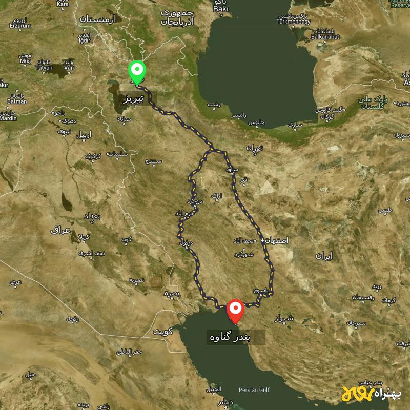 مسافت و فاصله بندر گناوه - بوشهر تا تبریز از ۲ مسیر - اردیبهشت ۱۴۰۳
