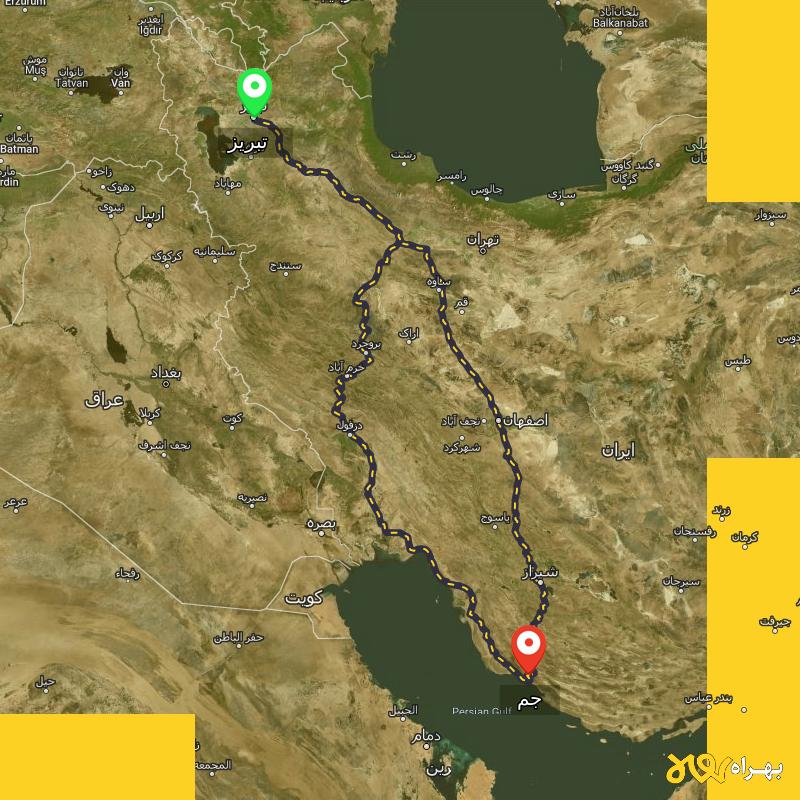 مسافت و فاصله جم - بوشهر تا تبریز از ۲ مسیر - اردیبهشت ۱۴۰۳