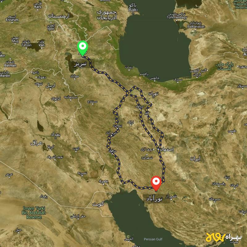 مسافت و فاصله نورآباد - نورآباد ممسنی تا تبریز از ۳ مسیر - آذر ۱۴۰۳