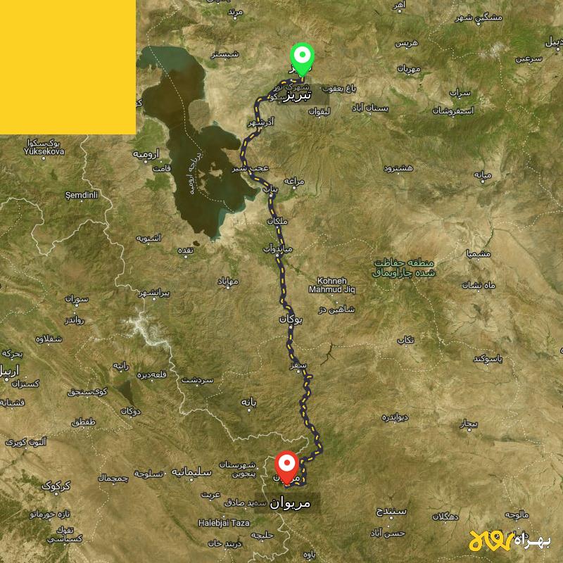 مسافت و فاصله مریوان - کردستان تا تبریز - مسیریاب بهراه