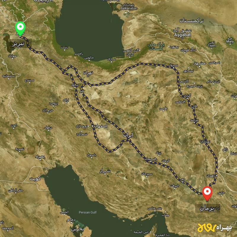 مسافت و فاصله بزمان - سیستان و بلوچستان تا تبریز از ۳ مسیر - مرداد ۱۴۰۳