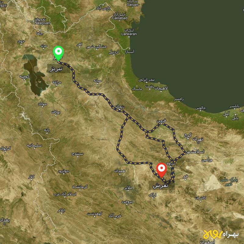 مسافت و فاصله تفرش - مرکزی تا تبریز از ۳ مسیر - آذر ۱۴۰۳