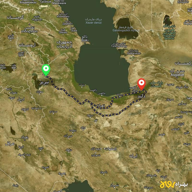مسافت و فاصله دلند - گلستان تا تبریز از ۲ مسیر - بهمن ۱۴۰۳