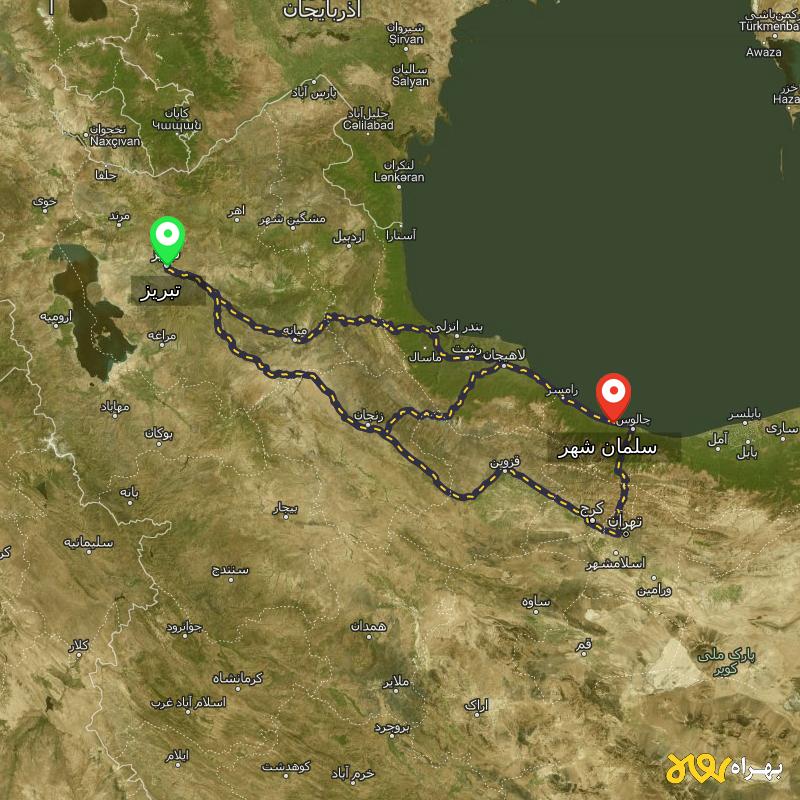 مسافت و فاصله سلمان شهر - مازندران تا تبریز از ۳ مسیر - اردیبهشت ۱۴۰۳
