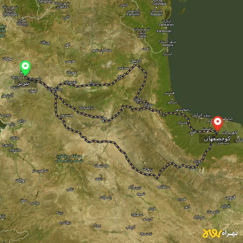 مسافت و فاصله کوچصفهان - گیلان تا تبریز از ۳ مسیر - آبان ۱۴۰۳