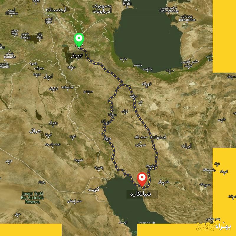 مسافت و فاصله شبانکاره - بوشهر تا تبریز از ۲ مسیر - شهریور ۱۴۰۳