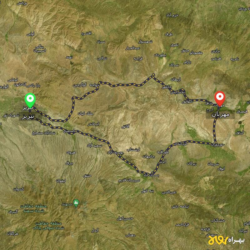 مسافت و فاصله مهربان - آذربایجان شرقی تا تبریز از ۲ مسیر - مهر ۱۴۰۳