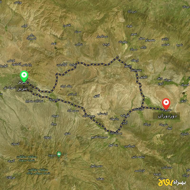 مسافت و فاصله دوزدوزان - آذربایجان شرقی تا تبریز از ۲ مسیر - مهر ۱۴۰۳