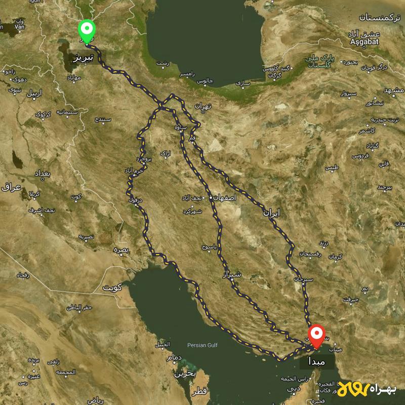 مسافت و فاصله شهر قشم - هرمزگان تا تبریز از ۳ مسیر - بهمن ۱۴۰۳