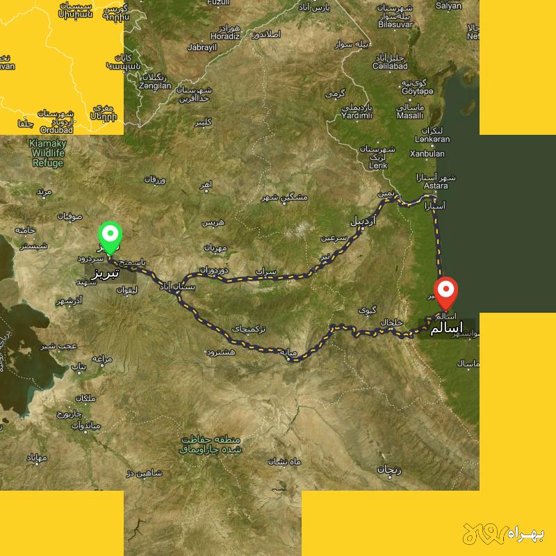 مسافت و فاصله اسالم - گیلان تا تبریز از ۲ مسیر - مهر ۱۴۰۳