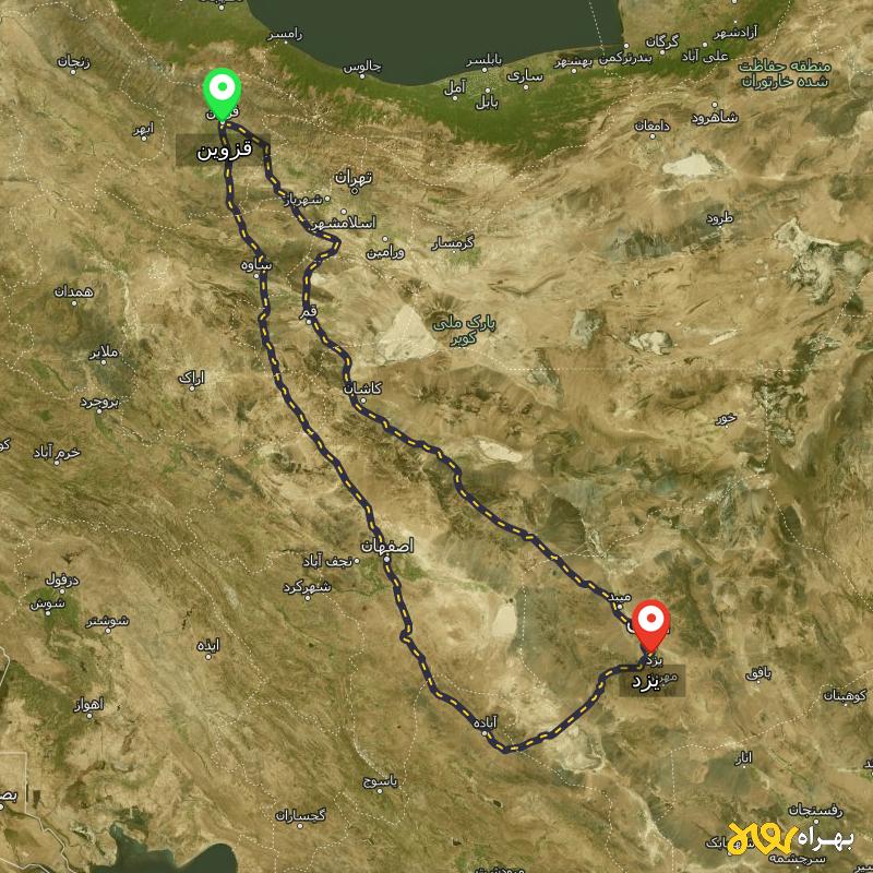 مسافت و فاصله یزد تا قزوین از ۲ مسیر - اردیبهشت ۱۴۰۳