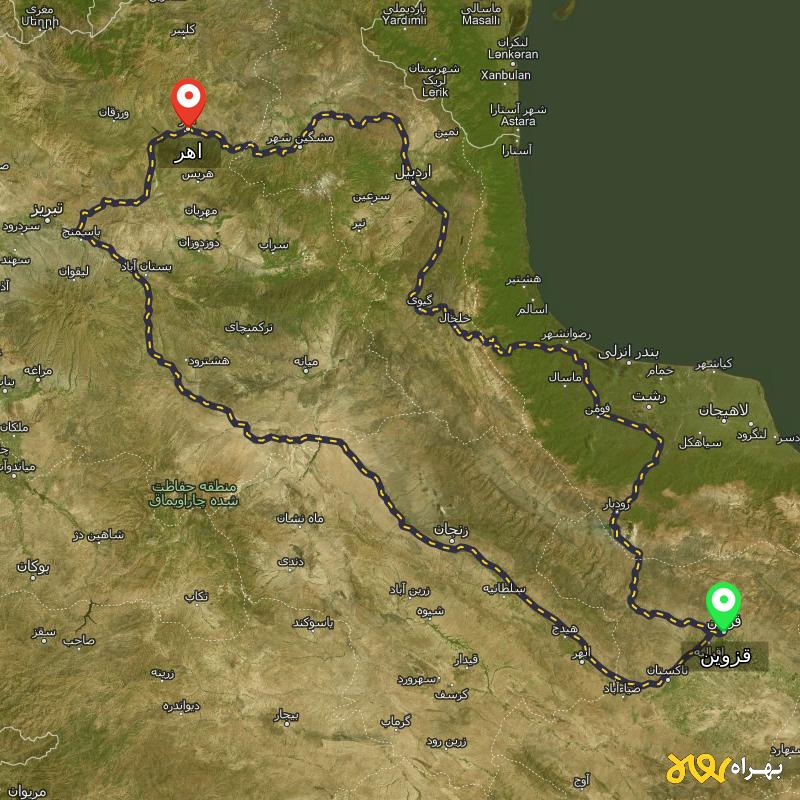 مسافت و فاصله اهر - آذربایجان شرقی تا قزوین از ۲ مسیر - مرداد ۱۴۰۳