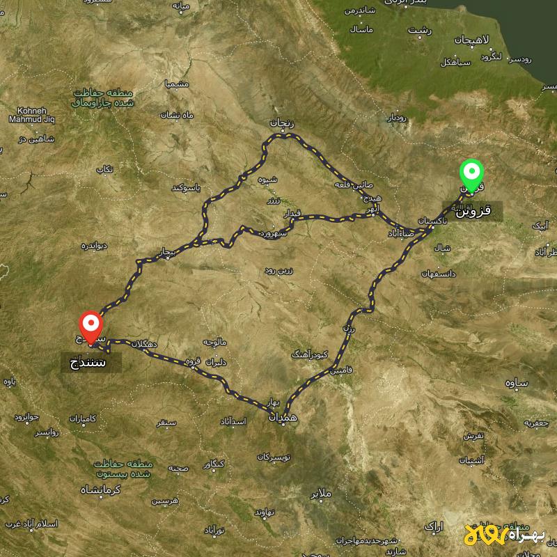 مسافت و فاصله سنندج تا قزوین از ۳ مسیر - اردیبهشت ۱۴۰۳