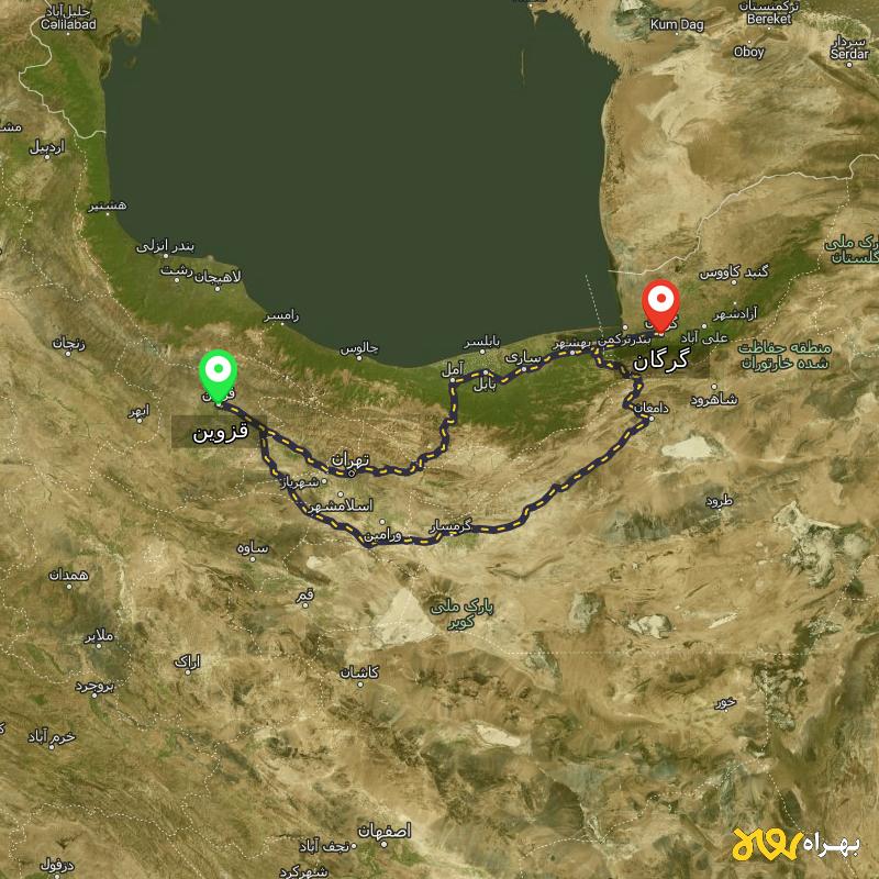مسافت و فاصله گرگان تا قزوین از ۲ مسیر - اردیبهشت ۱۴۰۳