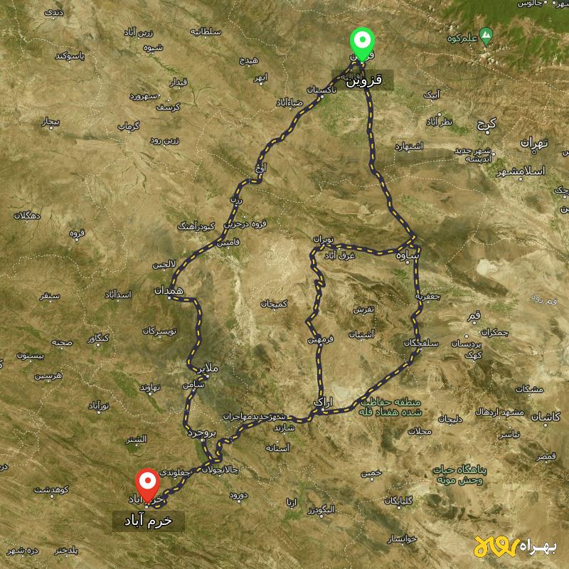 مسافت و فاصله خرم آباد تا قزوین از ۳ مسیر - مرداد ۱۴۰۳