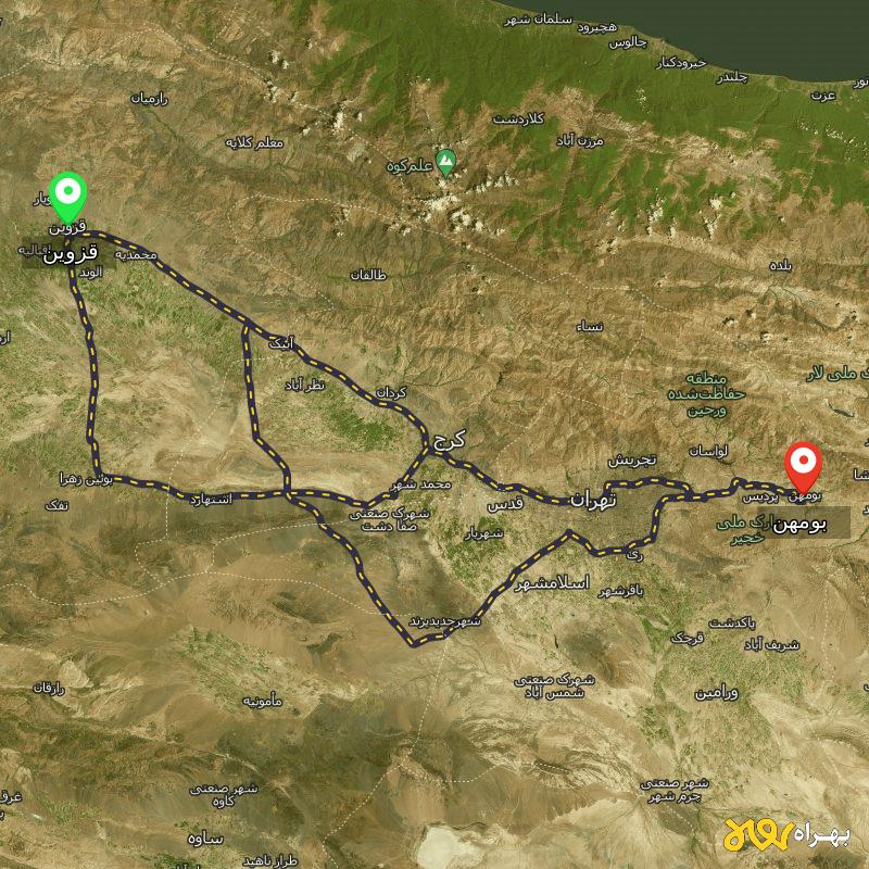 مسافت و فاصله بومهن - تهران تا قزوین از ۳ مسیر - آذر ۱۴۰۳