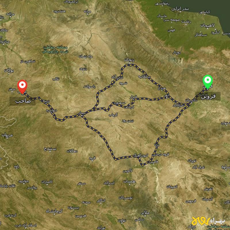 مسافت و فاصله صاحب - کردستان تا قزوین از ۳ مسیر - مرداد ۱۴۰۳