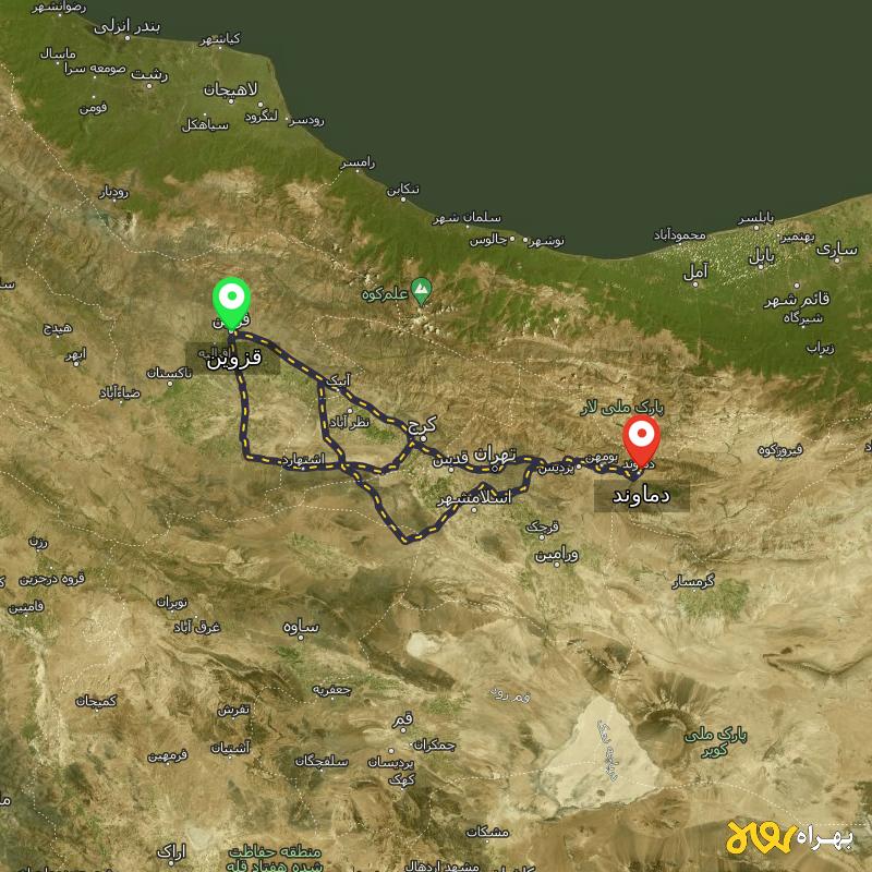 مسافت و فاصله دماوند - تهران تا قزوین از ۳ مسیر - آذر ۱۴۰۳