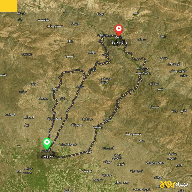 مسافت و فاصله رازمیان - قزوین تا قزوین از ۳ مسیر - آذر ۱۴۰۳