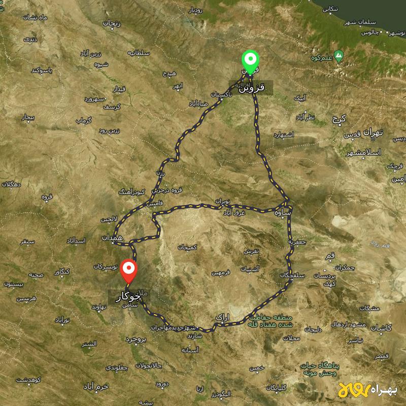 مسافت و فاصله جوکار - همدان تا قزوین از ۳ مسیر - آذر ۱۴۰۳