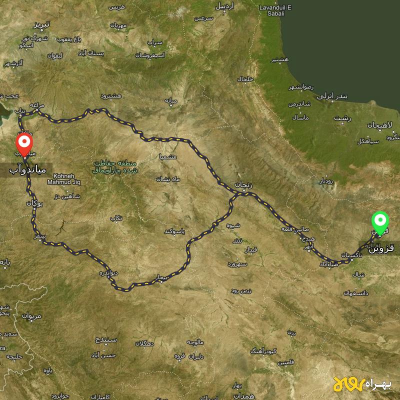مسافت و فاصله میاندوآب - آذربایجان غربی تا قزوین از 2 مسیر - مسیریاب بهراه