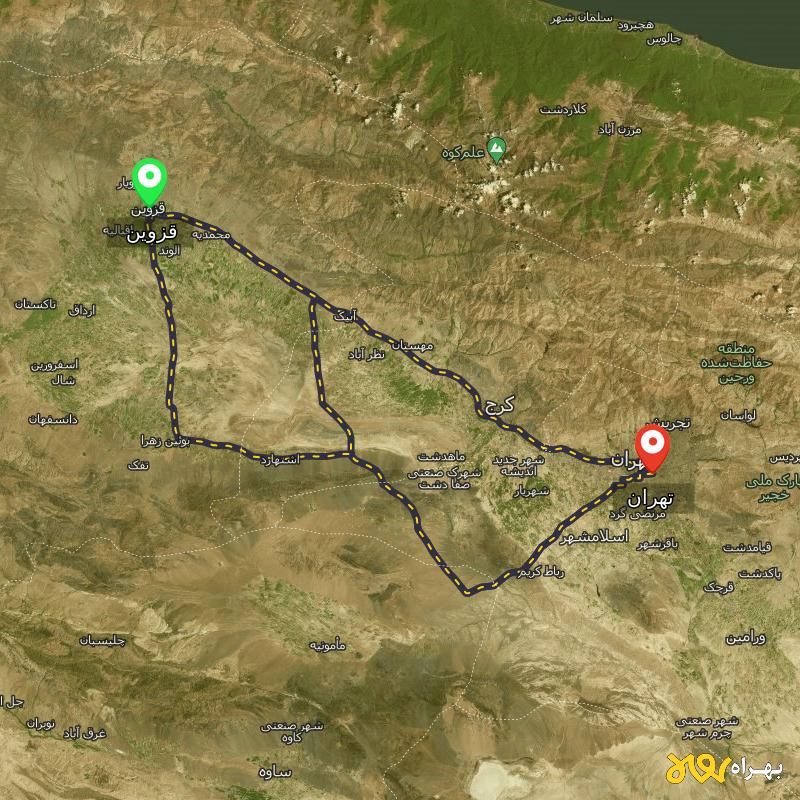 مسافت و فاصله تهران تا قزوین از 3 مسیر - مسیریاب بهراه