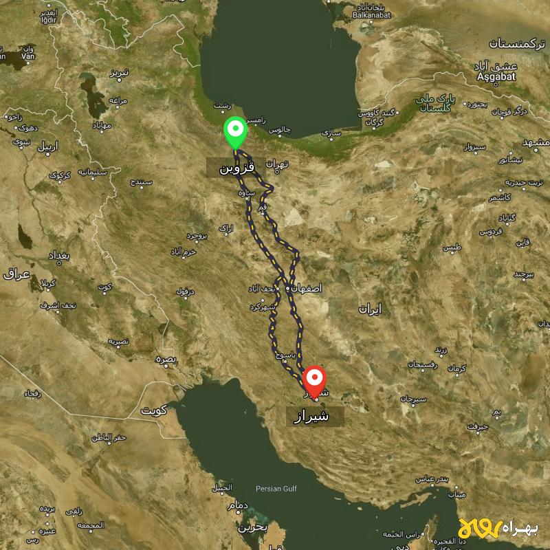 مسافت و فاصله شیراز تا قزوین از ۳ مسیر - اردیبهشت ۱۴۰۳