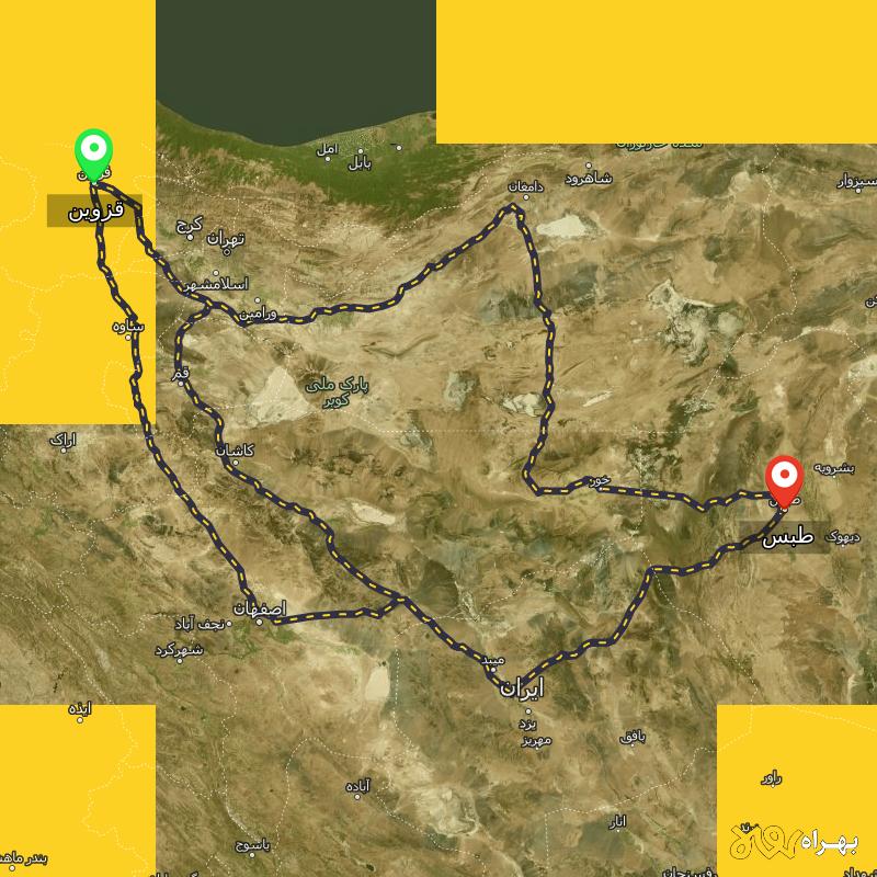 مسافت و فاصله طبس - خراسان جنوبی تا قزوین از ۳ مسیر - آذر ۱۴۰۳