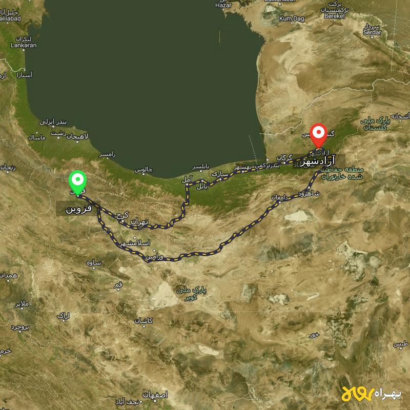 مسافت و فاصله آزادشهر - گلستان تا قزوین از ۲ مسیر - دی ۱۴۰۳