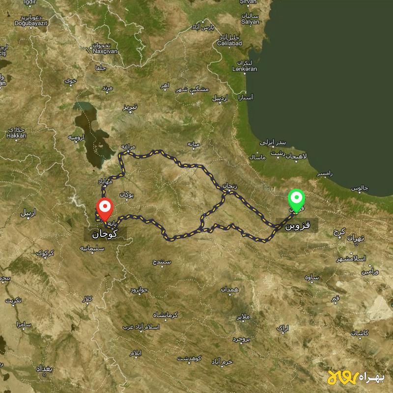 مسافت و فاصله کوخان - کردستان تا قزوین از ۳ مسیر - مرداد ۱۴۰۳