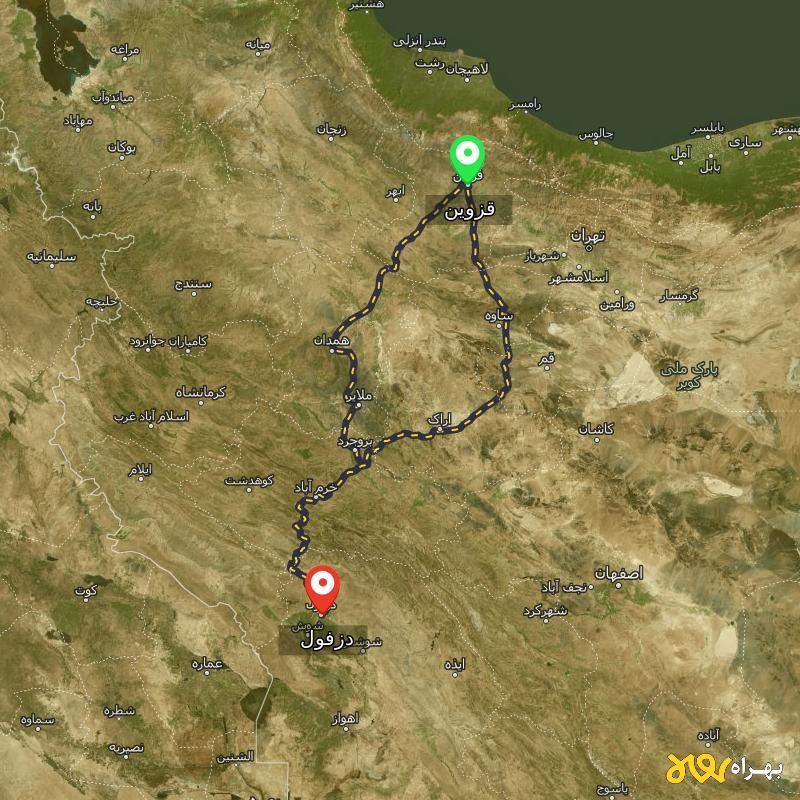 مسافت و فاصله دزفول تا قزوین از ۲ مسیر - اردیبهشت ۱۴۰۳