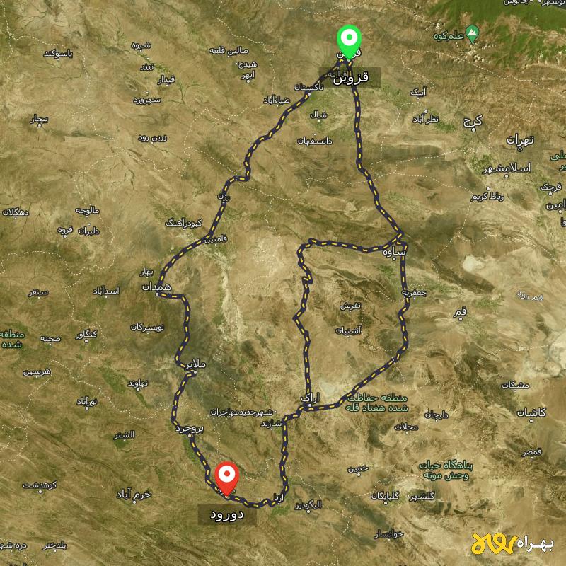 مسافت و فاصله دورود - لرستان تا قزوین از ۳ مسیر - اردیبهشت ۱۴۰۳