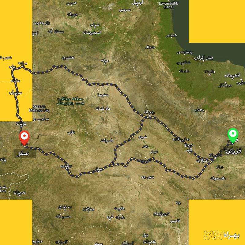 مسافت و فاصله سقز - کردستان تا قزوین از ۳ مسیر - مرداد ۱۴۰۳