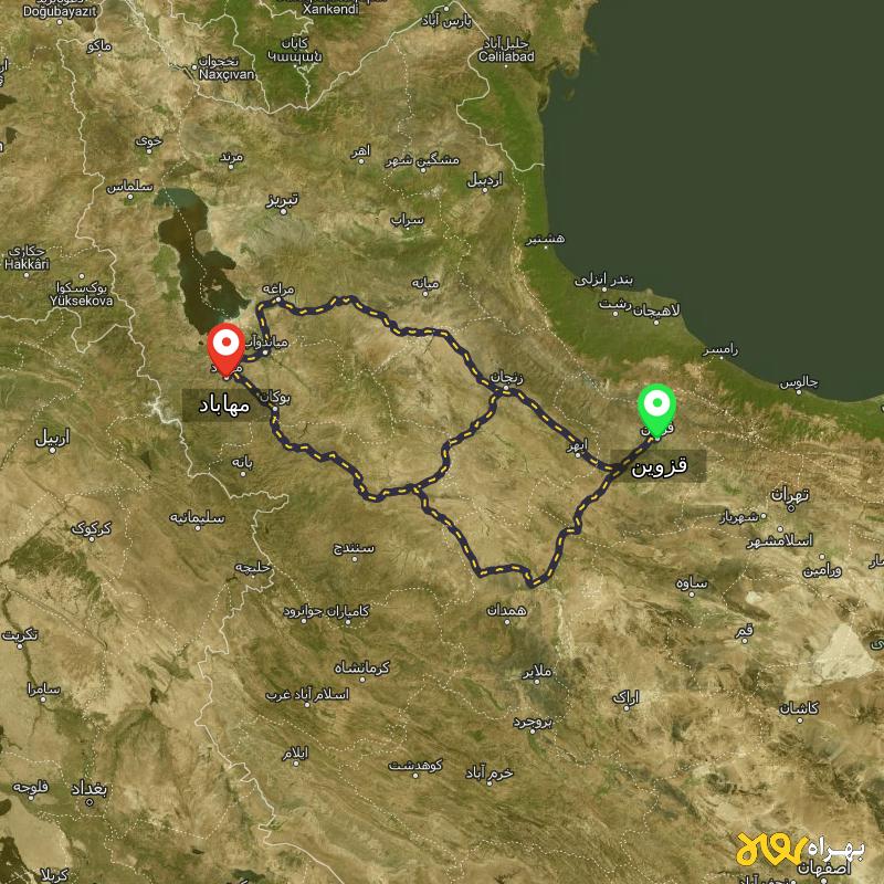 مسافت و فاصله مهاباد - آذربایجان غربی تا قزوین از ۳ مسیر - اردیبهشت ۱۴۰۳