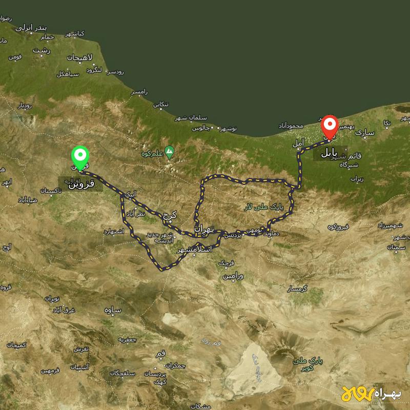 مسافت و فاصله بابل تا قزوین از ۳ مسیر - مرداد ۱۴۰۳