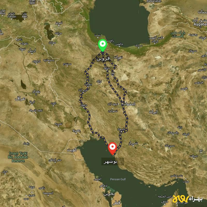 مسافت و فاصله بوشهر تا قزوین از ۳ مسیر - مرداد ۱۴۰۳
