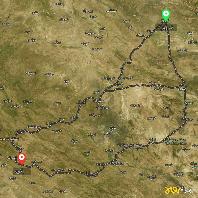 مسافت و فاصله بلاوه - ایلام تا قزوین از ۳ مسیر - شهریور ۱۴۰۳