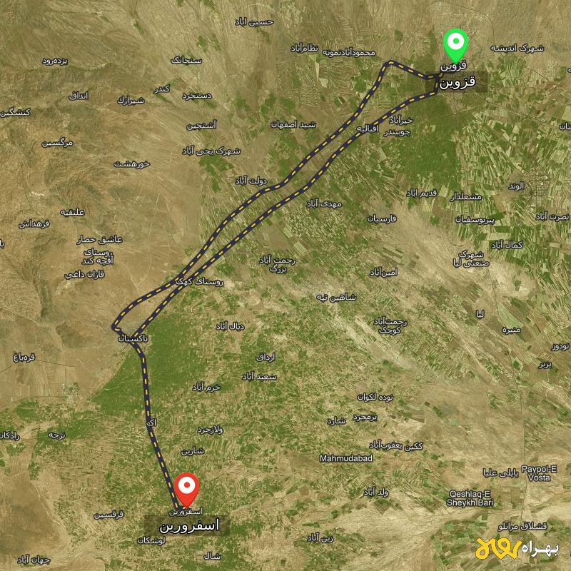 مسافت و فاصله اسفرورین - قزوین تا قزوین از ۲ مسیر - اردیبهشت ۱۴۰۳
