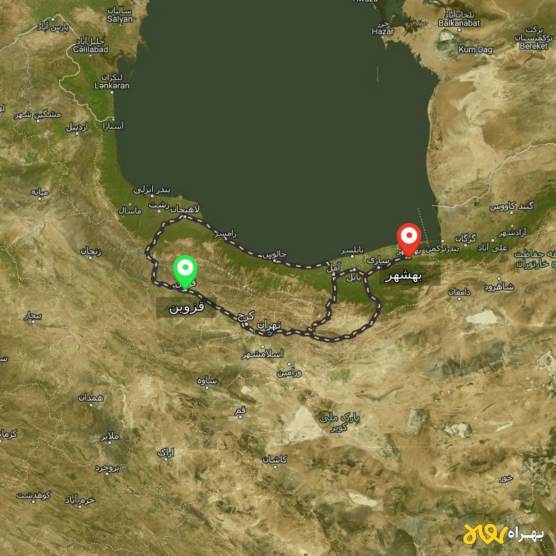 مسافت و فاصله بهشهر - مازندران تا قزوین از ۳ مسیر - آذر ۱۴۰۳