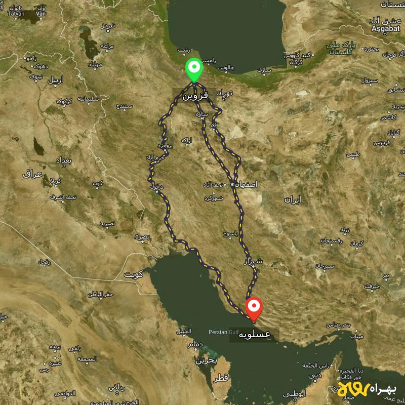 مسافت و فاصله عسلویه - بوشهر تا قزوین از 3 مسیر - مسیریاب بهراه