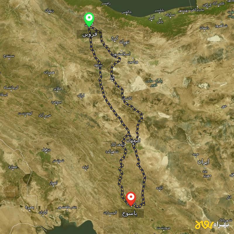 مسافت و فاصله یاسوج تا قزوین از ۳ مسیر - مرداد ۱۴۰۳