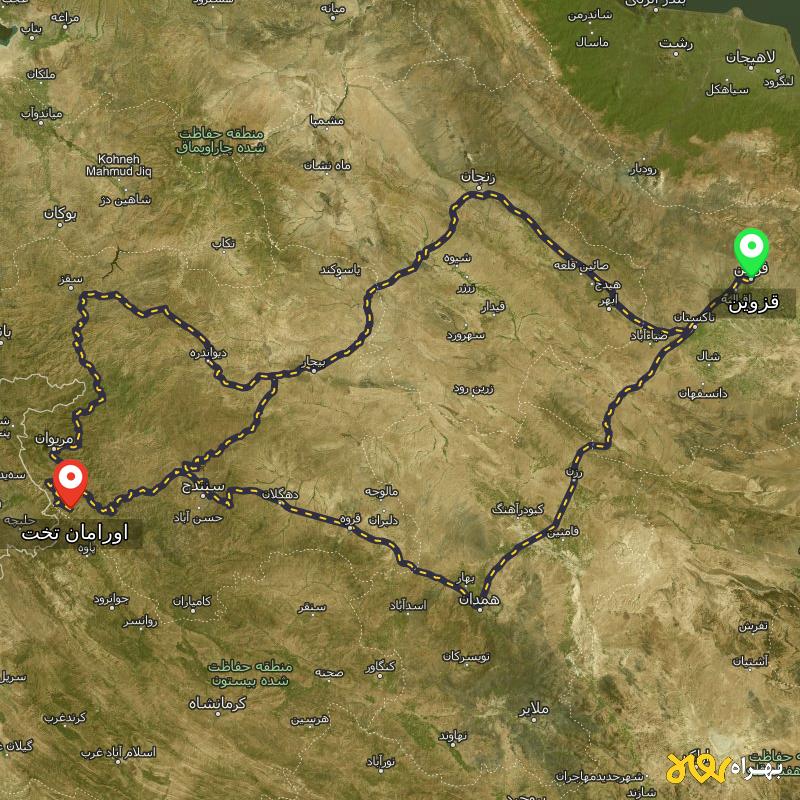 مسافت و فاصله اورامان تخت - کردستان تا قزوین از ۳ مسیر - اردیبهشت ۱۴۰۳