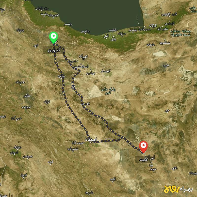 مسافت و فاصله میبد - یزد تا قزوین از ۲ مسیر - اردیبهشت ۱۴۰۳